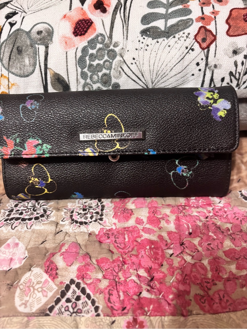 Rebecca Minkoff Black Floral Leather Jewelry Travel/Wallet Clutch